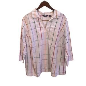 Lands’ End White Multicolor Windowpane Plaid Popover Tunic Top Size 2X